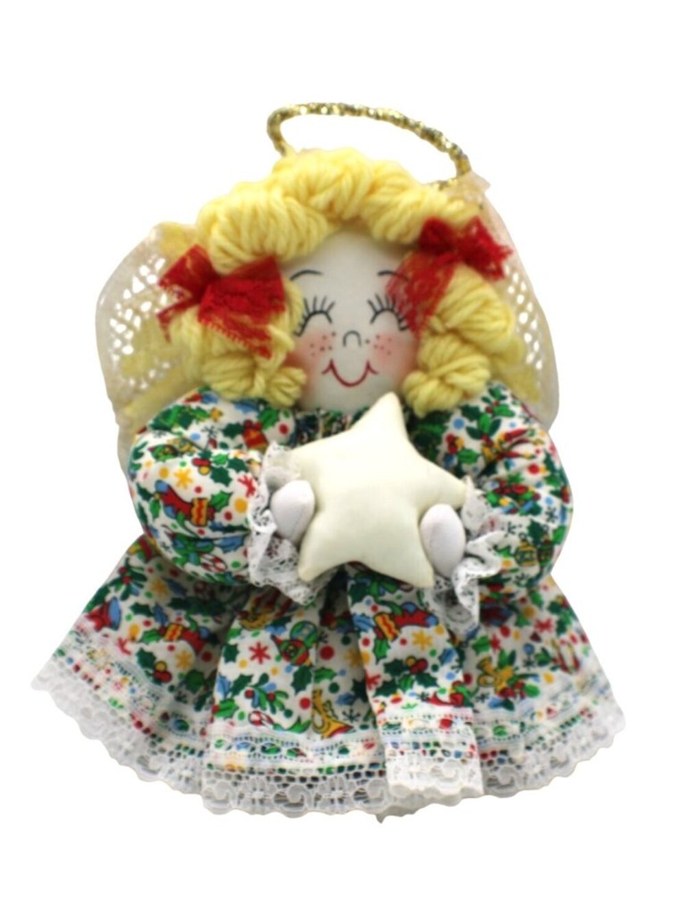 Handmade Christmas Angel Tree Topper Star Lace Details Vintage Holiday Deco 8x7"